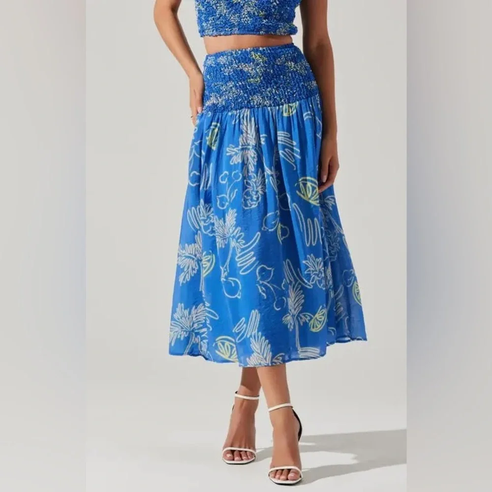 ASTR The Label Tropical Print A-line Skirt In Blue Lemon Print Size Medium